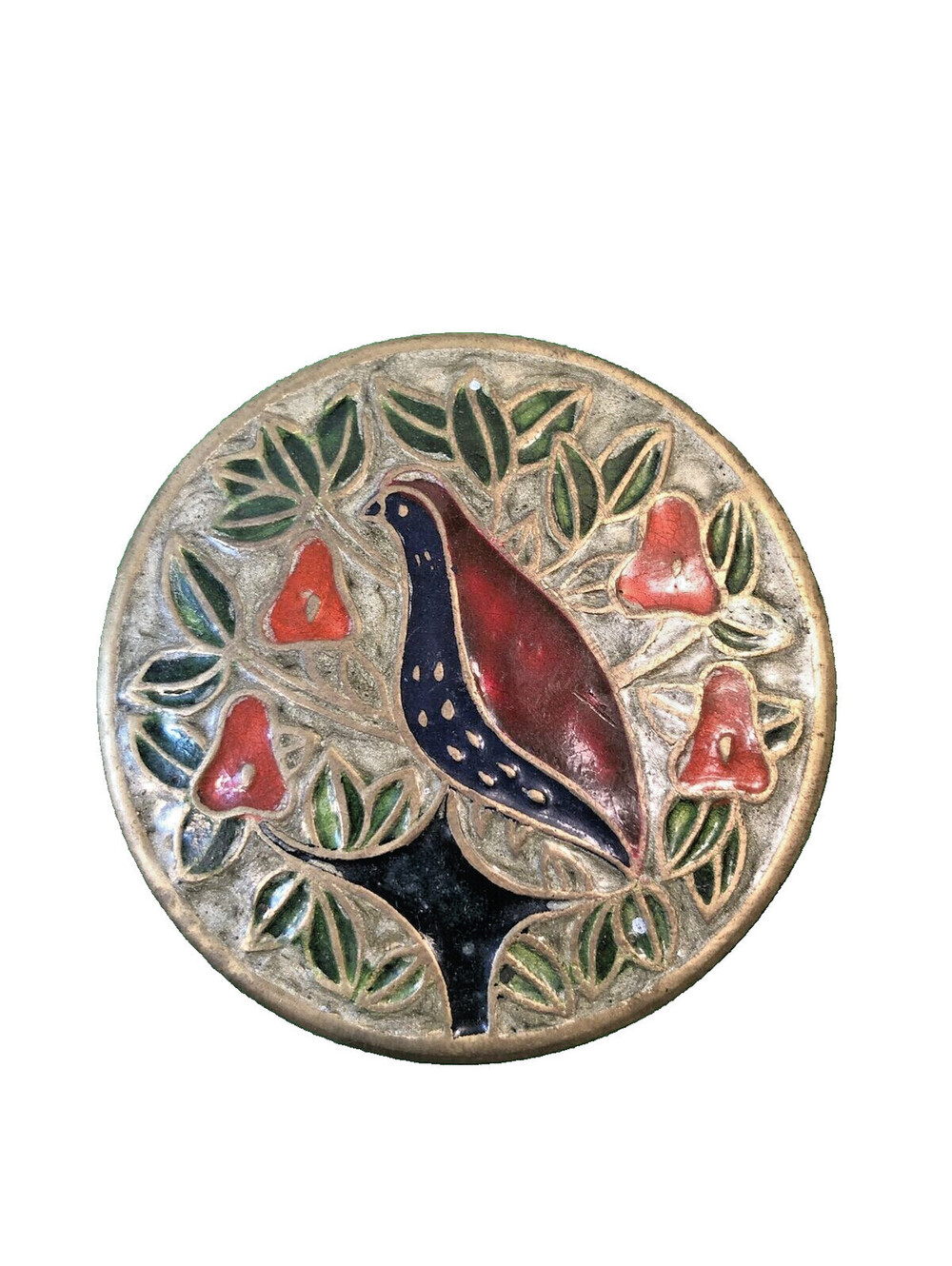 Vintage Solid Brass Hand Made & Painting Of A Bird Pill Box With Lid from India